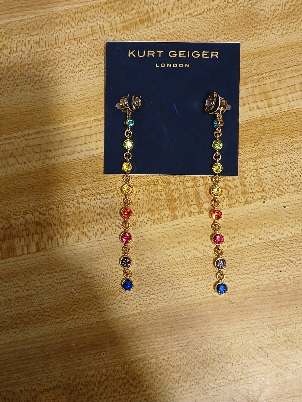 Kurt Geiger NWT Rainbow Rhinestone Dangle Drop Earrings & Dustbag
